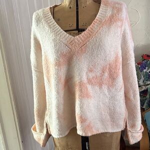 Anthropologie V-Neck Tie-Dye Sweater in Pale Pink and Cream
